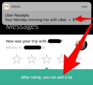 Screenshot showing Uber's rating screen. A text bar tells the passenger that the tipping screen is next.